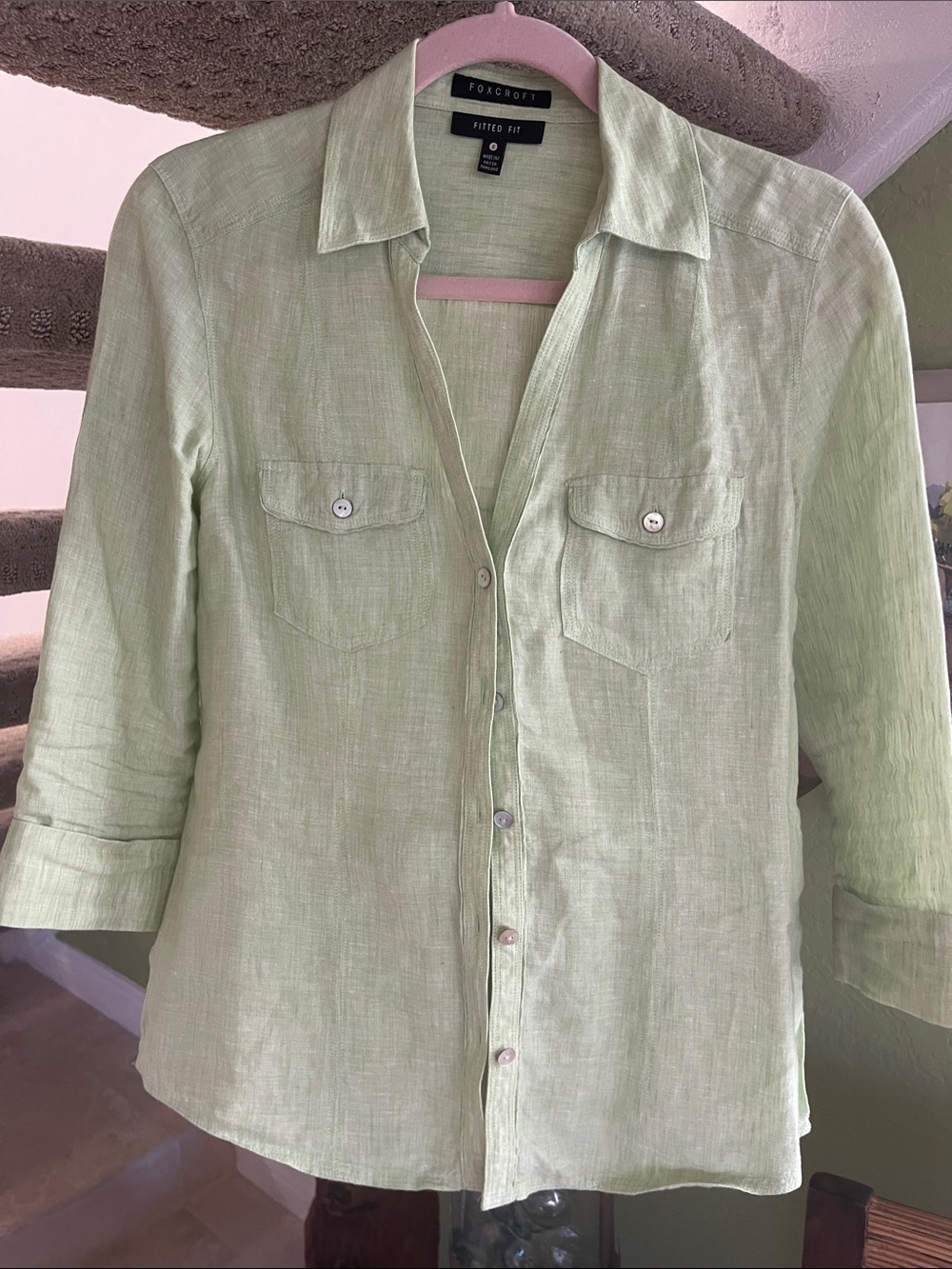 Foxcroft Pale Green Linen Button-Front Blouse